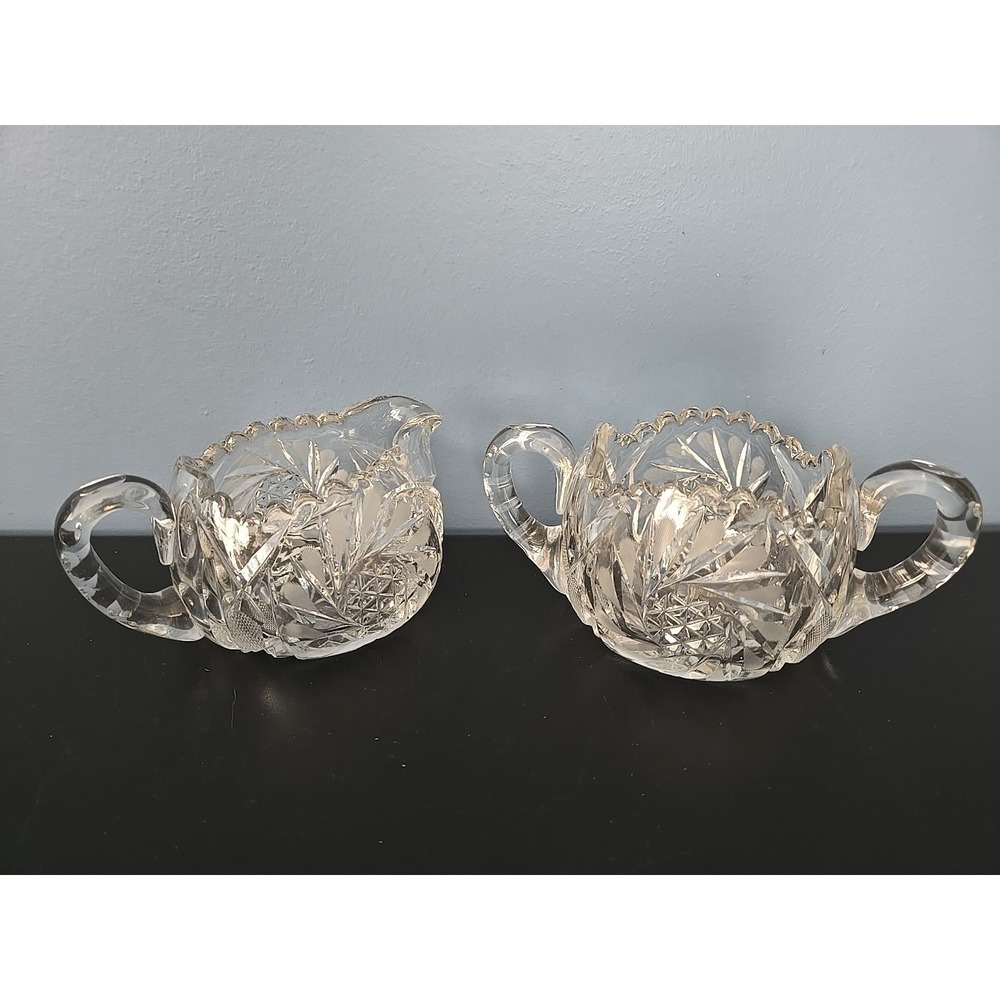 Vintage American Brilliant Period Cut Crystal Glass Sugar Bowl and Creamer Set